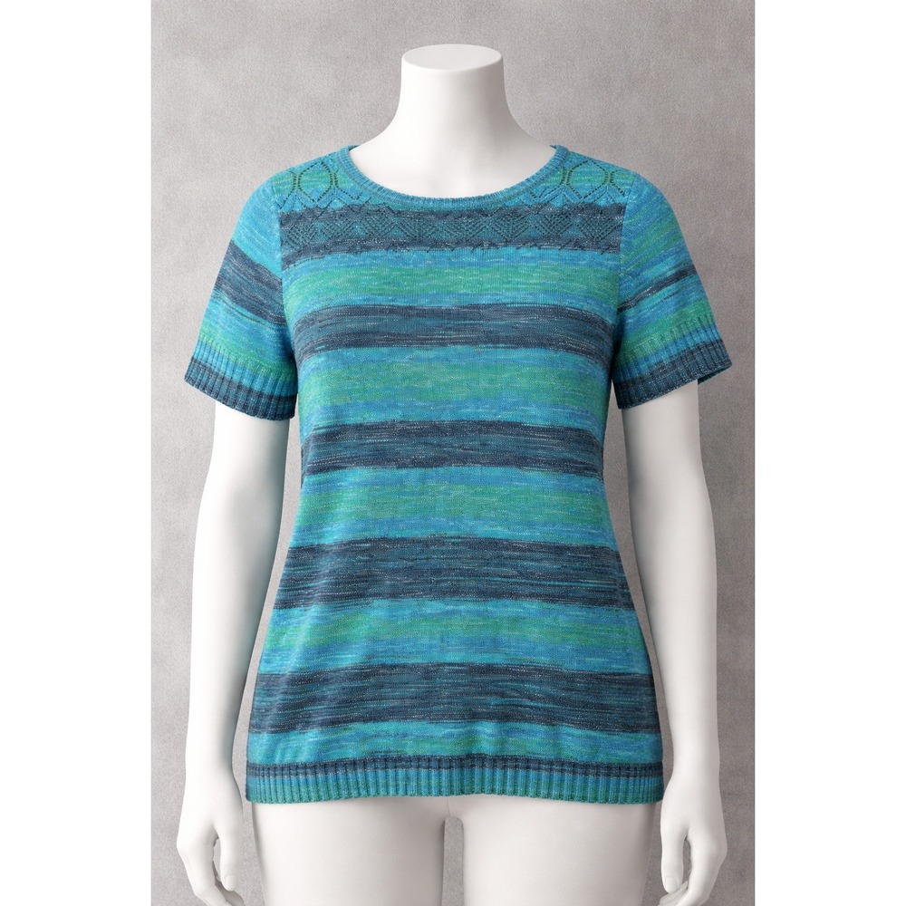 NWOT Isaac Mizrahi Live Blue Green Striped Pointelle Short Sleeve Sweater Sz M‎